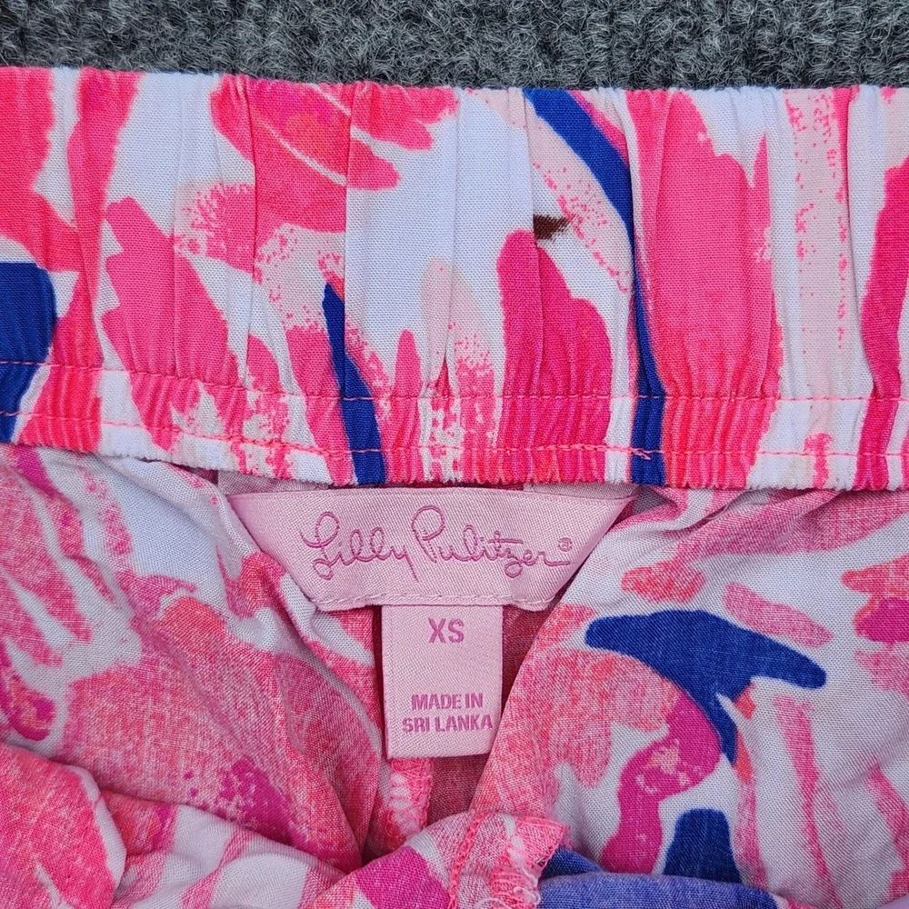 Lilly‎ Pulitzer XS Pink Blue Floral Rayon Shorts Fringe Tassel Trim Callahan